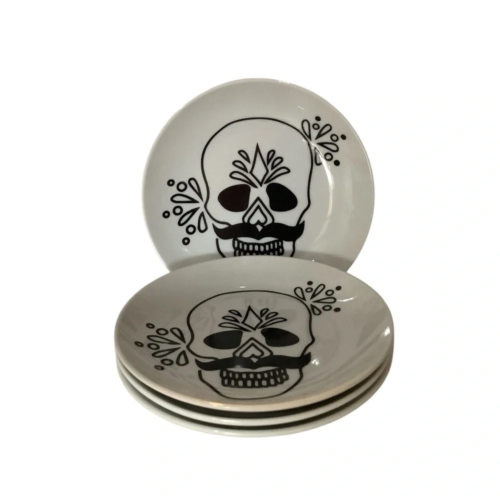 Crate & Barrel Set Of 4 Morelia Rico DAY OF THE DEAD Sugar Skull 6” RoundPlates